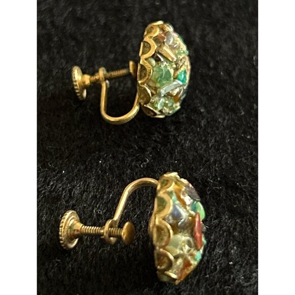 Vintage Multi-Stone Screw Back Earrings Gold-Tone Mid-Century Style Round Shape - Picture 3 of 6